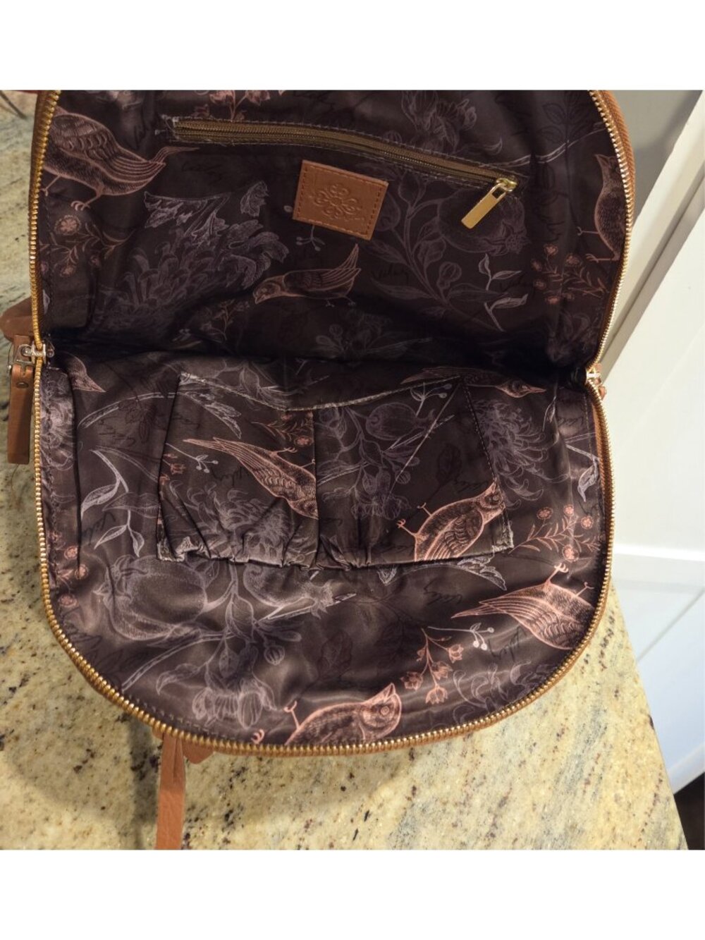 VELEZ Leather Backpack Bird Fabric Interior Brown - Picture 14 of 16